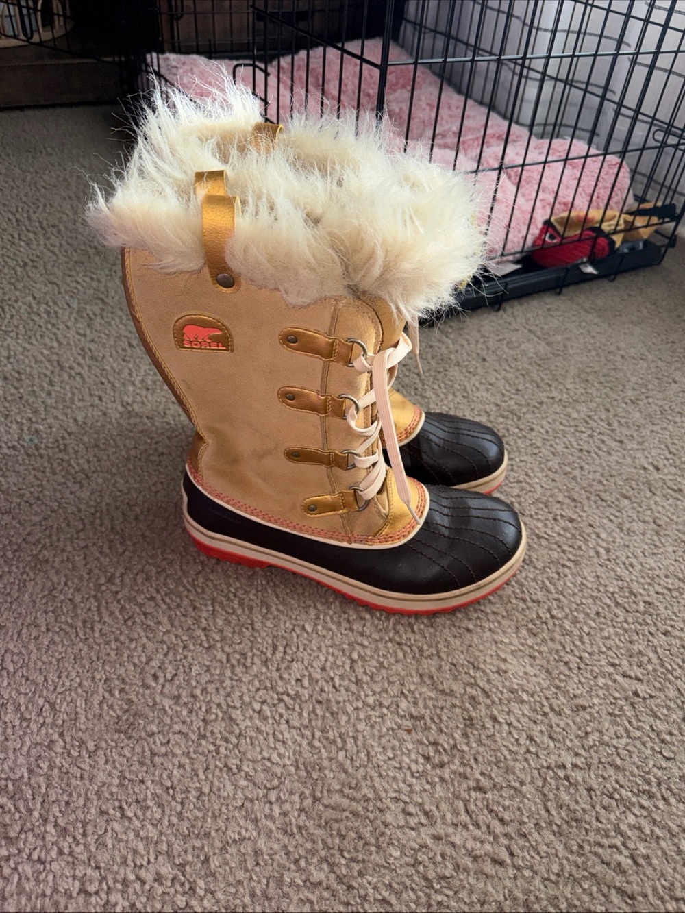 Sorel Kids Waterproof Winter Boots in Tan, Brown and Red Accent